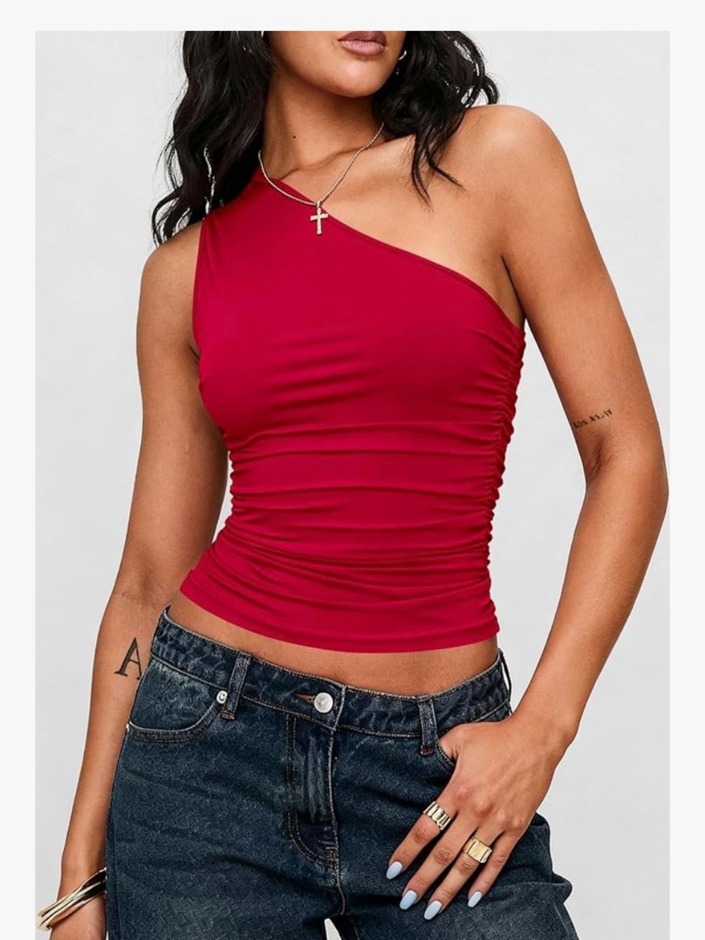 Women’s One-Shoulder Ruched Tank Top in Red - Picture 2 of 5